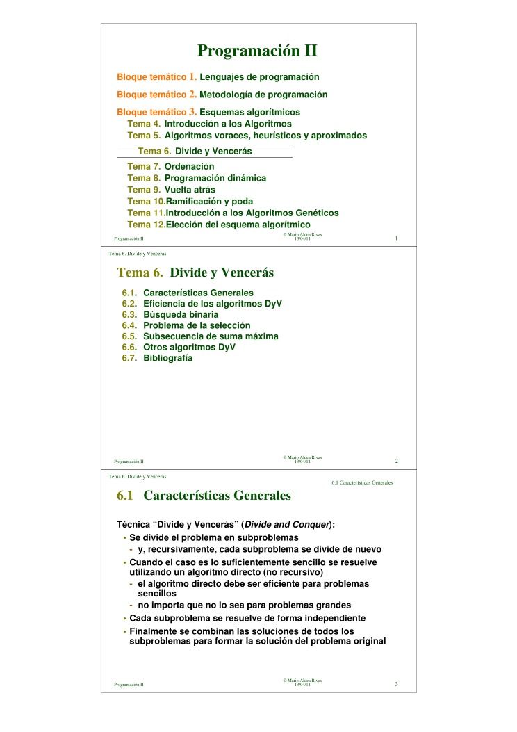 Imágen de pdf Programación II - Tema 6. Divide y Vencerás