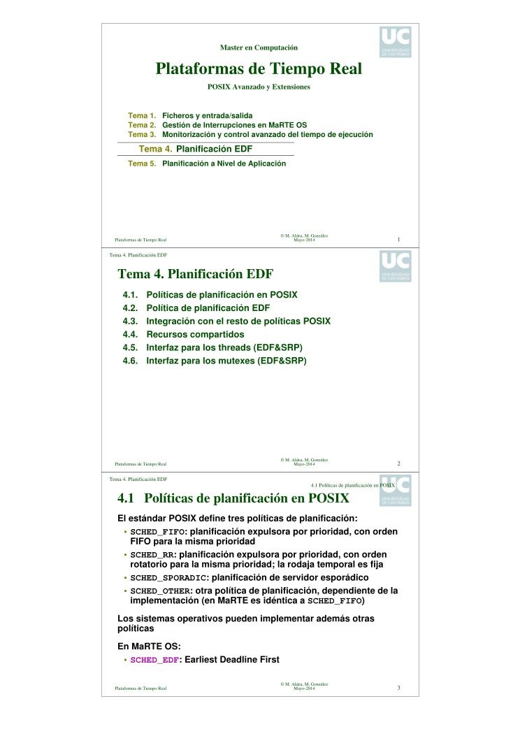 Imágen de pdf Master en Computación - Plataformas de Tiempo Real - POSIX Avanzado y Extensiones - Tema 4. Planificación EDF