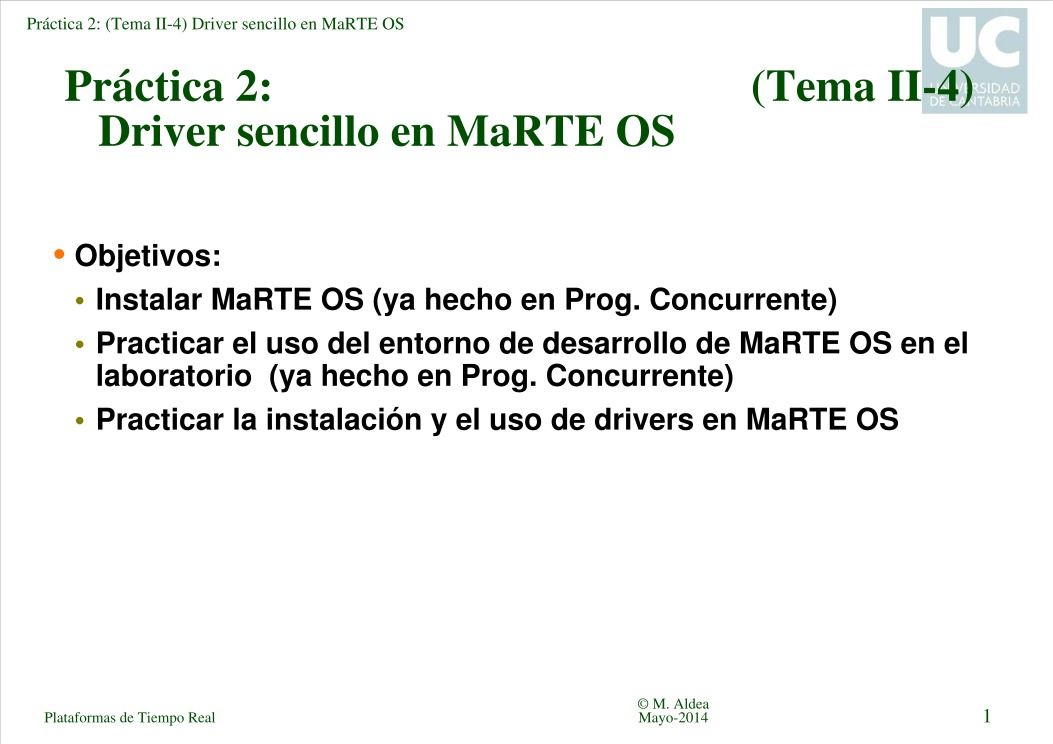 Imágen de pdf Práctica 2: (Tema II-4) Driver sencillo en MaRTE OS