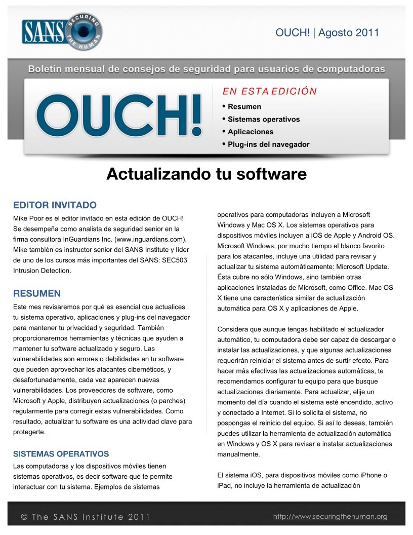 Imágen de pdf OUCH 2011 - Actualizando tu software