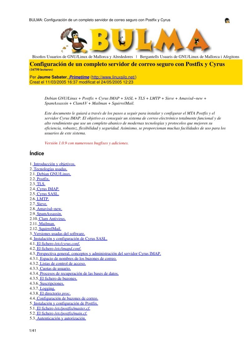 Imágen de pdf BULMA: Configuración de un completo servidor de correo seguro con Postfix y Cyrus