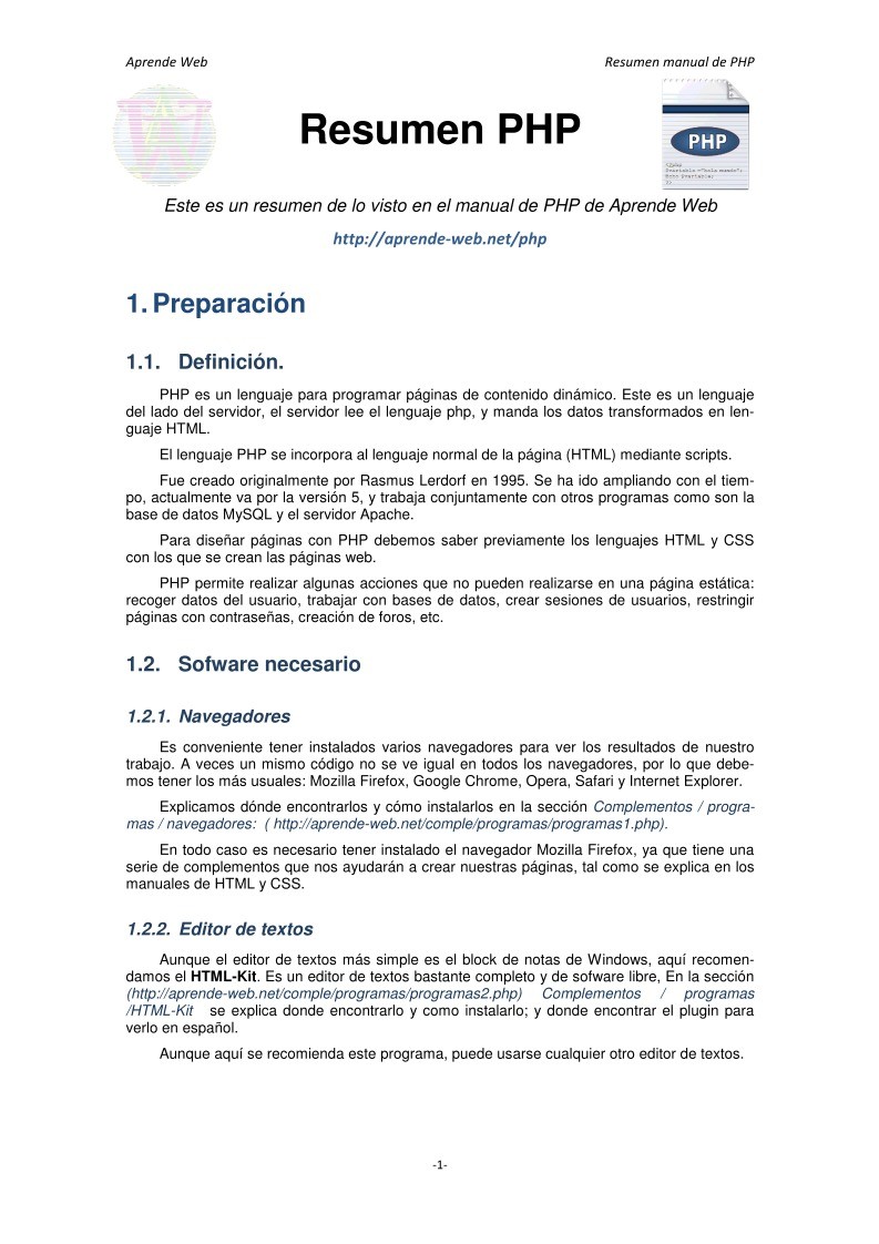 Imágen de pdf Resumen PHP - Este es un resumen de lo visto en el manual de PHP de Aprende Web