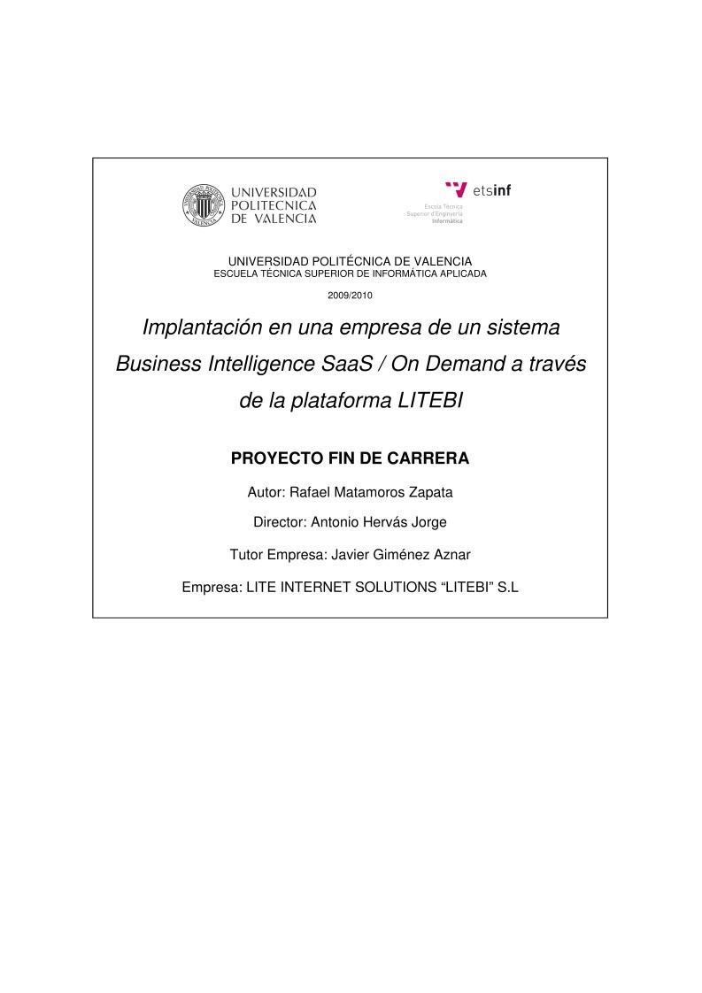 Imágen de pdf Implantación en una empresa de un sistema Business Intelligence SaaS / On Demand a través de la plataforma LITEBI