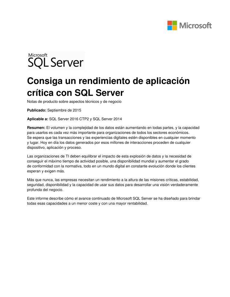 Imágen de pdf Consiga un rendimiento de aplicación crítica con SQL Server