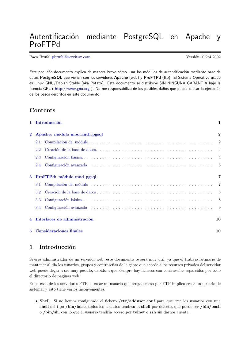 Imágen de pdf Autentificación mediante PostgreSQL en Apache y ProFTPd