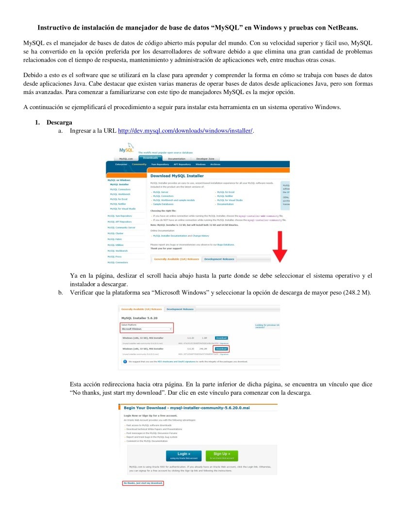 Imágen de pdf Instructivo de instalación de manejador de base de datos MySQL en Windows y pruebas con NetBeans