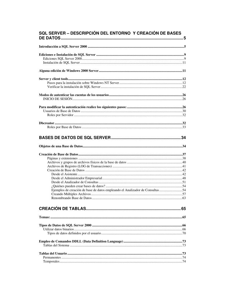 Imágen de pdf Manual SQL 2000 V2 - Descripción del entorno y creación de bases de datos