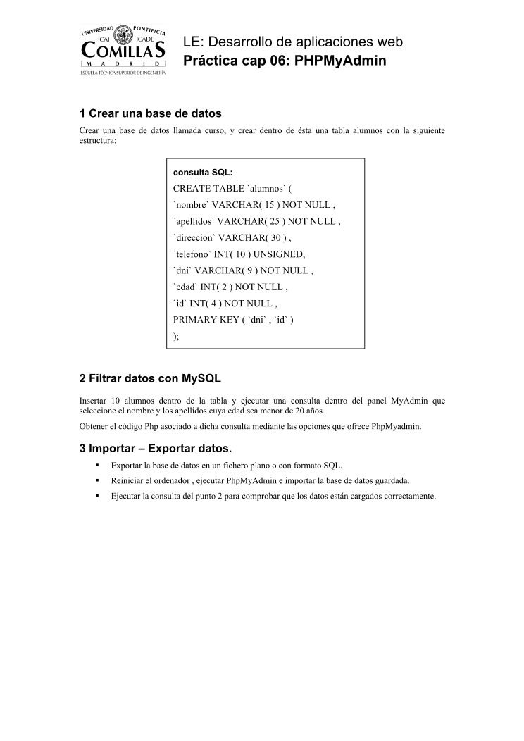 Imágen de pdf Desarrollo de aplicaciones web - Práctica 06: PHPMyAdmin