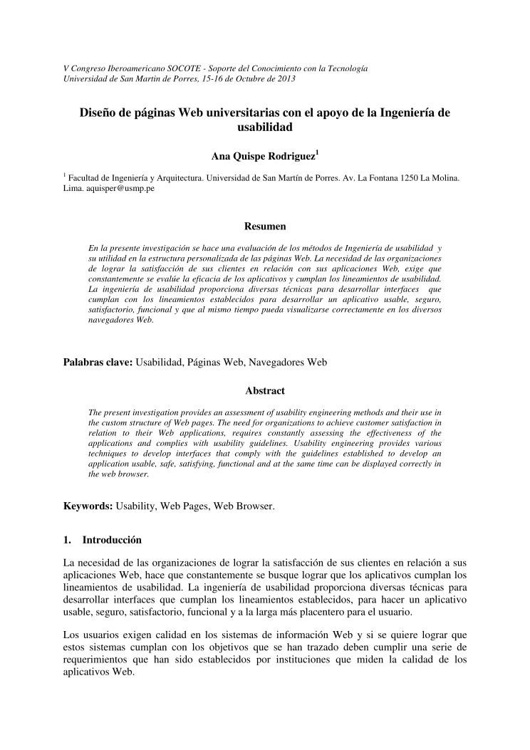 Imágen de pdf Paper SOCOTE 2013 Diseno de paginas Web universitarias con el apoyo de la Ingenieria de Usabilidad