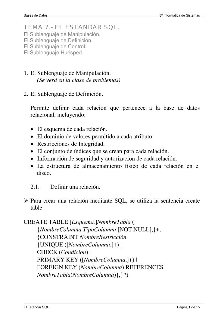 Imágen de pdf El Diseo de una Base de Datos - Tema 7. El estandar SQL