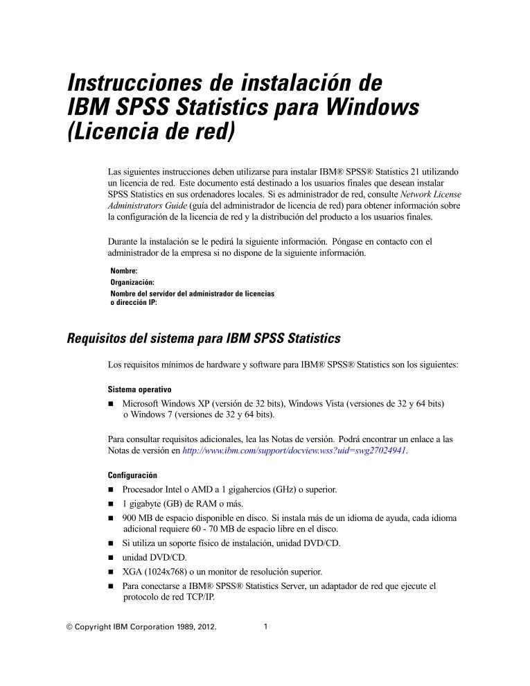 Imágen de pdf Instrucciones de instalación de IBM SPSS Statistics para Windows (Licencia de red)
