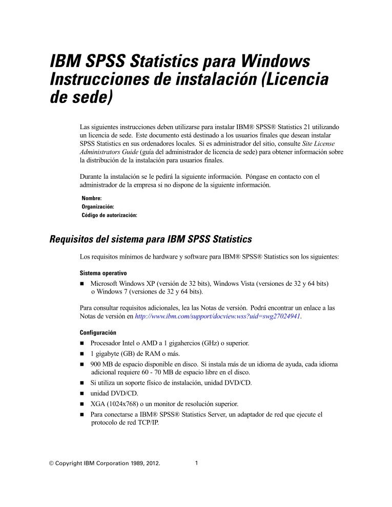 Imágen de pdf IBM SPSS Statistics para Windows Instrucciones de instalación (Licencia de sede)