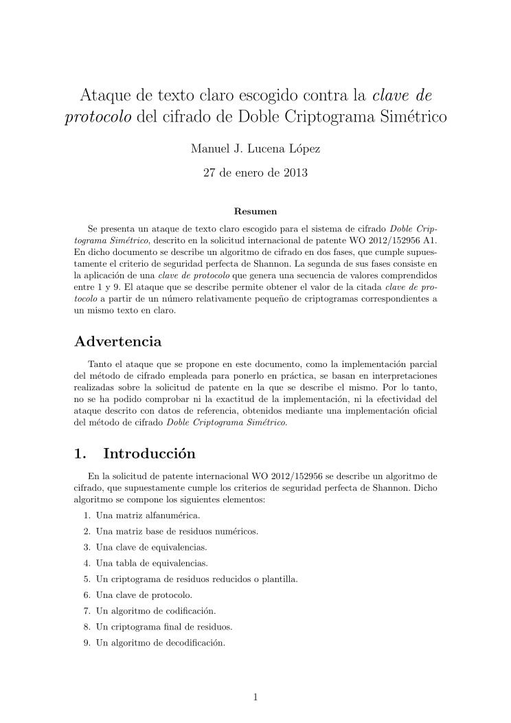 Imágen de pdf Ataque de texto claro escogido contra la clave de protocolo del cifrado de Doble Criptograma Simétrico