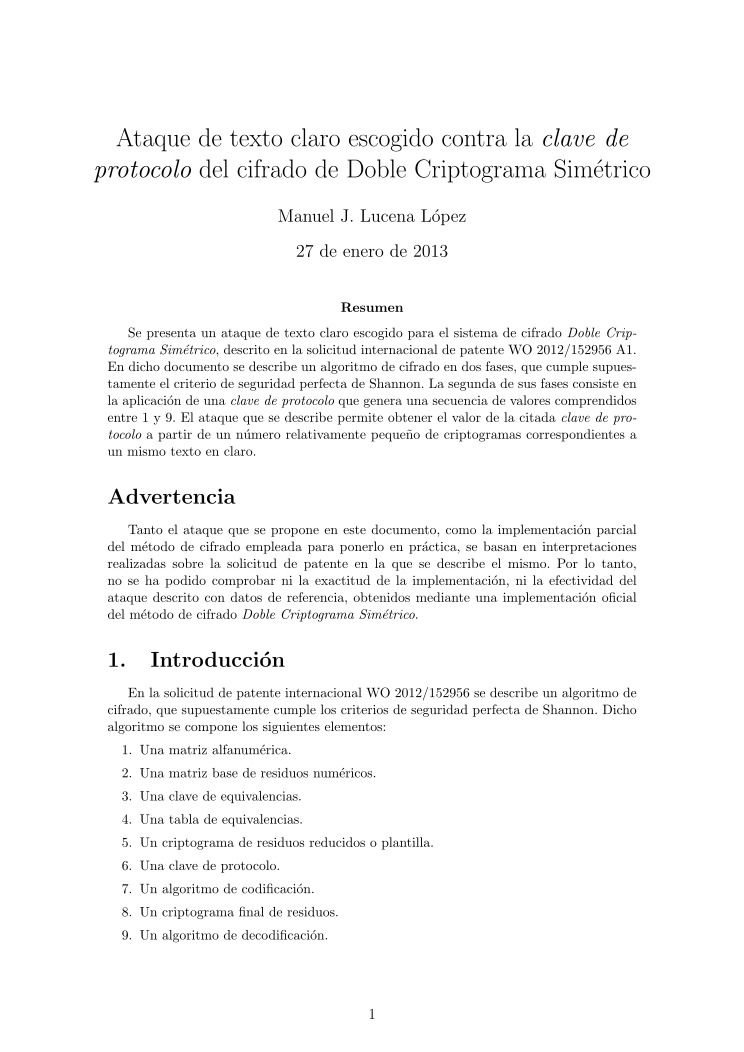 Imágen de pdf Ataque de texto claro escogido contra la clave de protocolo del cifrado de Doble Criptograma Simétrico