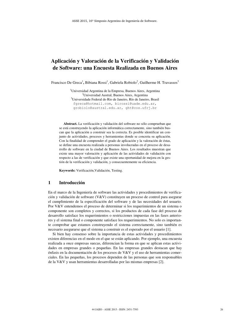 Imágen de pdf Aplicación y Valoración de la Verificación y Validación de Software: una Encuesta Realizada en Buenos Aires
