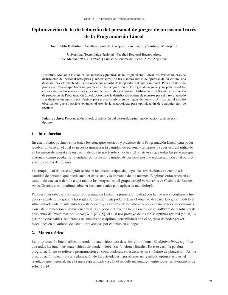 Imágen de pdf Optimización de la distribución del personal de juegos de un casino través de la Programación Lineal