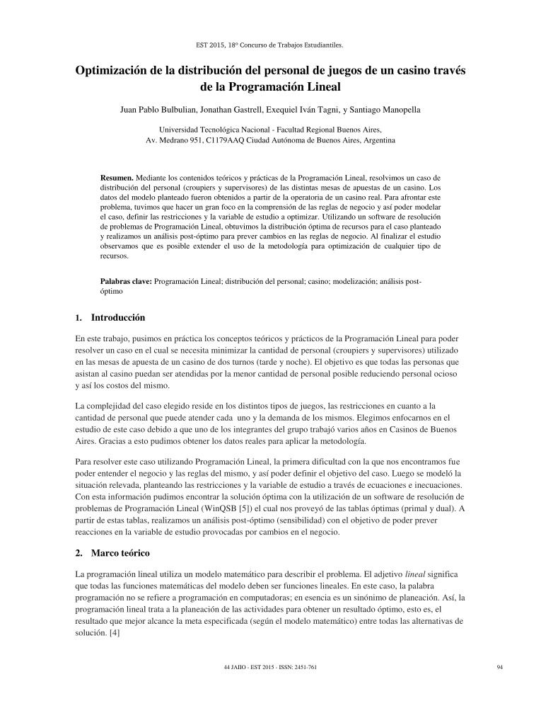 Imágen de pdf Optimización de la distribución del personal de juegos de un casino través de la Programación Lineal