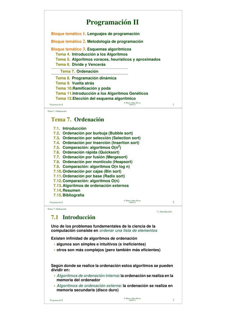 Imágen de pdf Programación II - Tema 7. Ordenación