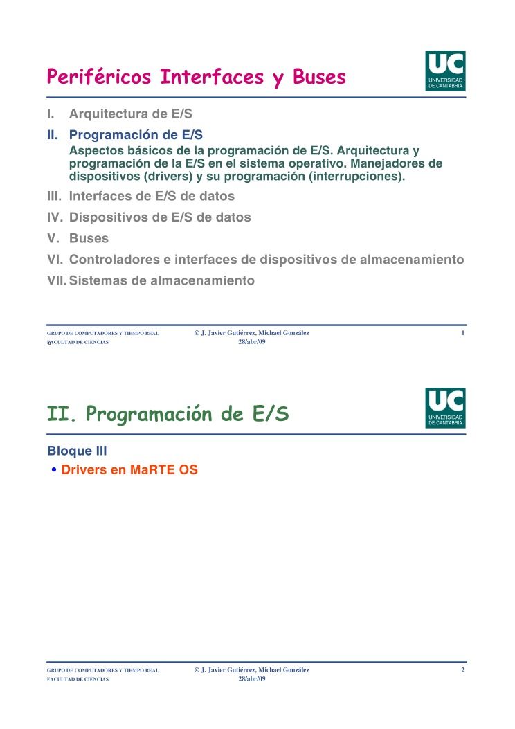 Imágen de pdf Periféricos Interfaces y Buses - II. Programación de E/S Aspectos básicos de la programación de E/S