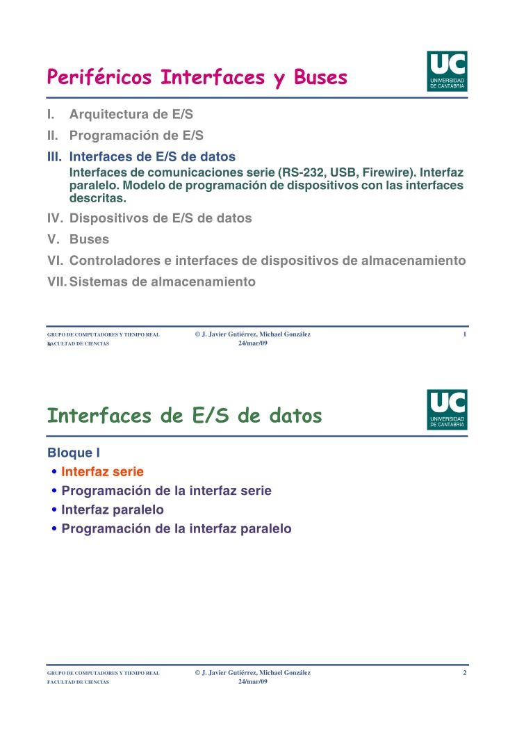 Imágen de pdf Periféricos Interfaces y Buses - III. Interfaces de E/S de datos Interfaces de comunicaciones serie (RS-232, USB, Firewire)