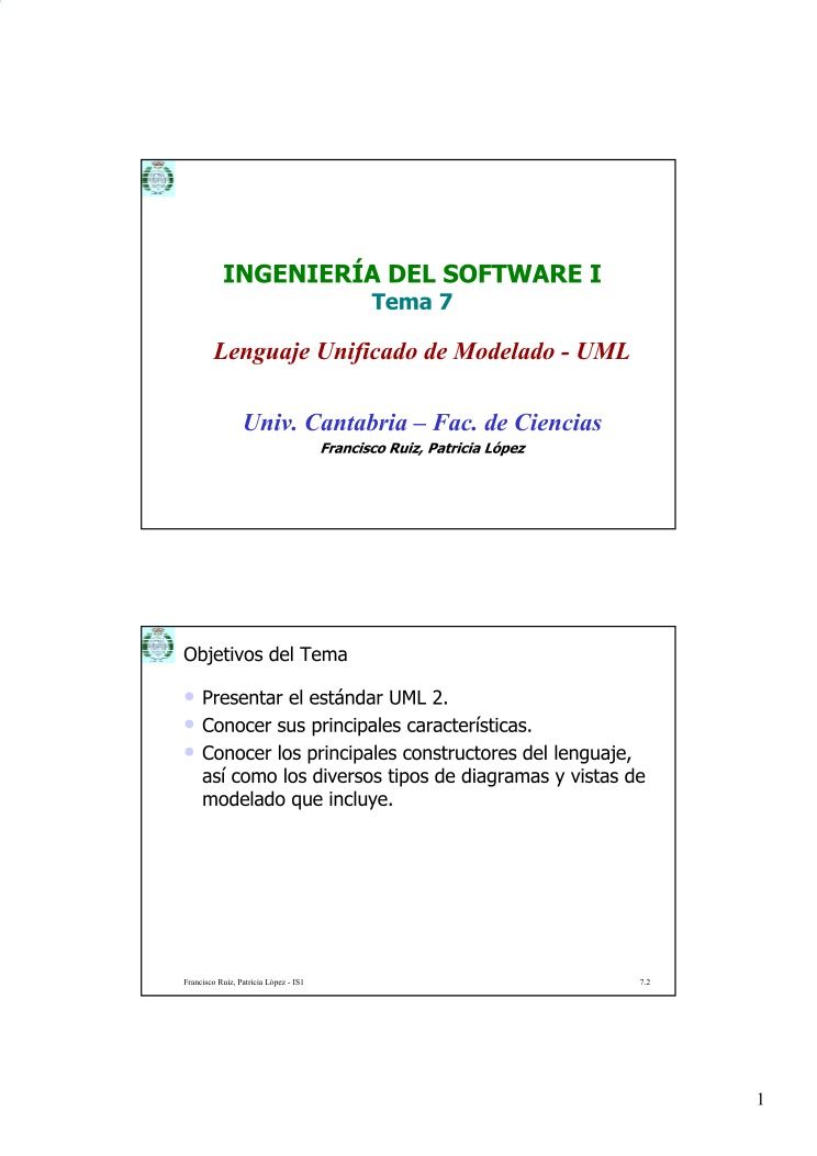 Imágen de pdf INGENIERÍA DEL SOFTWARE I - Tema 7 - Lenguaje Unificado de Modelado - UML