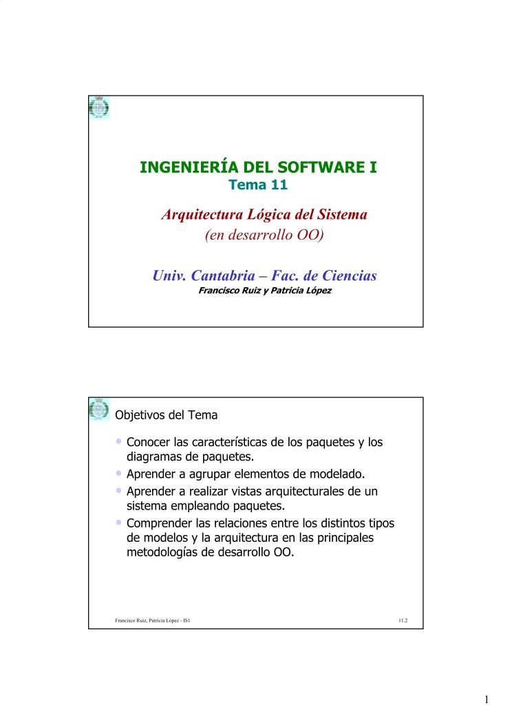 Imágen de pdf INGENIERÍA DEL SOFTWARE I - Tema 11 - Arquitectura Lógica del Sistema (en desarrollo OO)