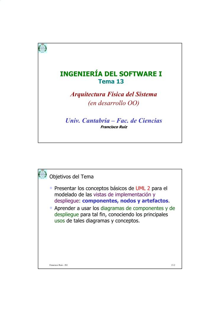 Imágen de pdf INGENIERÍA DEL SOFTWARE I - Tema 13 - Arquitectura Física del Sistema (en desarrollo OO)