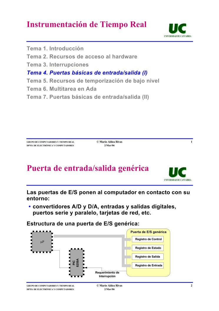 Imágen de pdf Instrumentación de Tiempo Real - Tema 4. Puertas básicas de entrada/salida (I)