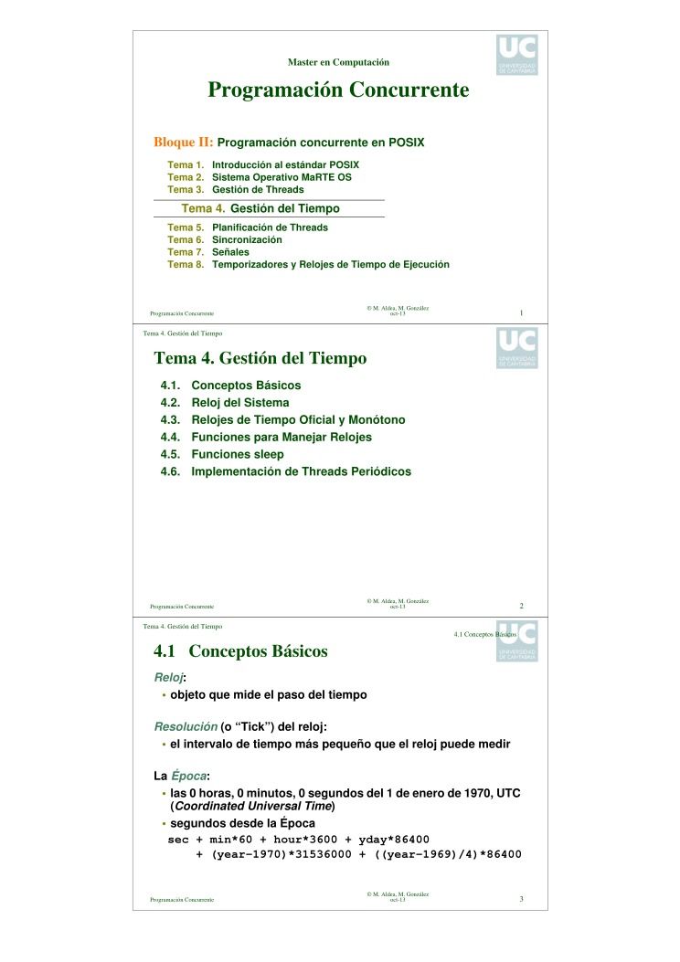 Imágen de pdf Master en Computación - Programación Concurrente - Bloque II: Programación concurrente en POSIX Introducción al estándar POSIX - Tema 4. Gestión del Tiempo