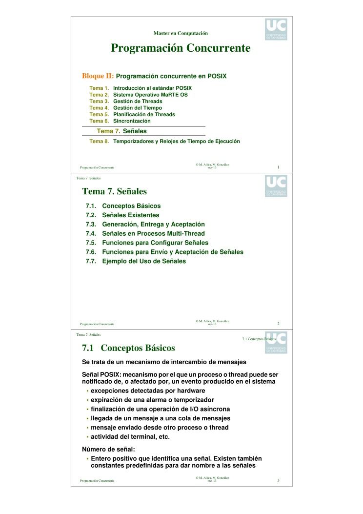 Imágen de pdf Master en Computación - Programación Concurrente - Bloque II: Programación concurrente en POSIX Introducción al estándar POSIX - Tema 7. Señales