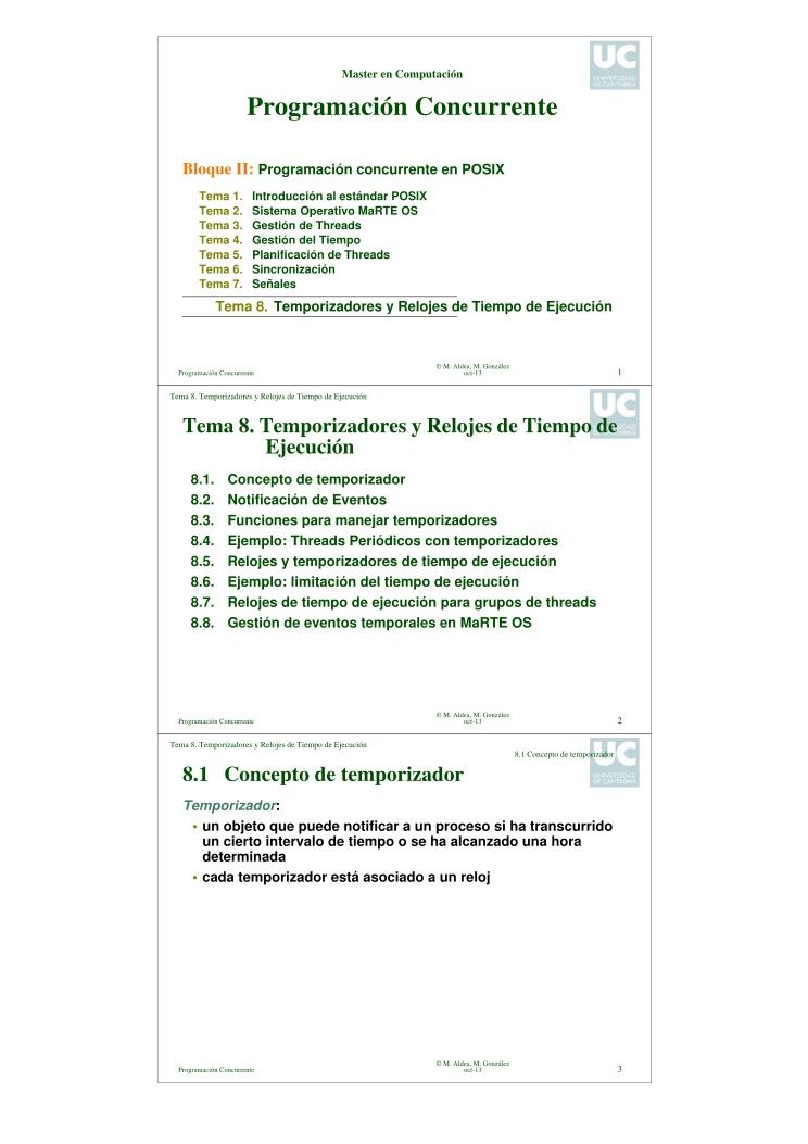 Imágen de pdf Programación Concurrente - Bloque II: Programación concurrente en POSIX - Tema 8. Temporizadores y Relojes de Tiempo de Ejecución