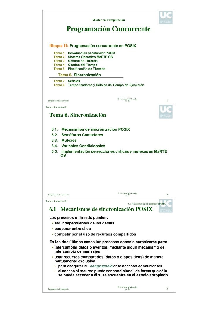 Imágen de pdf Master en Computación - Programación Concurrente - Bloque II: Programación concurrente en POSIX Introducción al estándar POSIX - Tema 6. Sincronización
