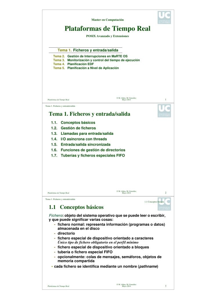 Imágen de pdf Master en Computación - Plataformas de Tiempo Real - POSIX Avanzado y Extensiones - Tema 1. Ficheros y entrada/salida