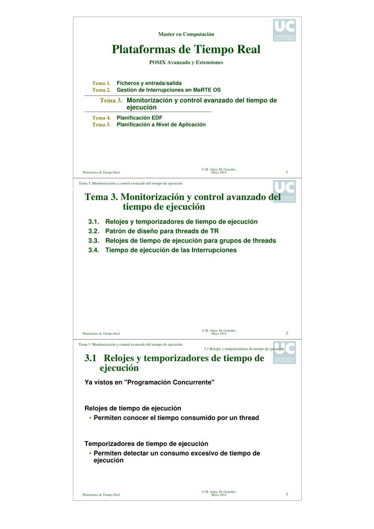 Imágen de pdf Master en Computación - Plataformas de Tiempo Real - POSIX Avanzado y Extensiones - Tema 3. Monitorización y control avanzado del tiempo de ejecución