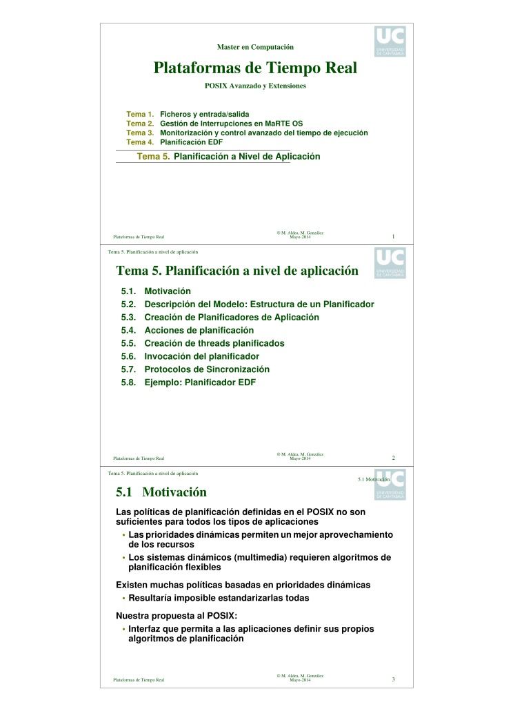 Imágen de pdf Master en Computación - Plataformas de Tiempo Real - POSIX Avanzado y Extensiones - Tema 5. Planificación a Nivel de Aplicación