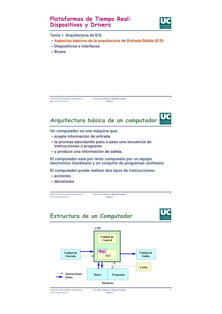 Imágen de pdf Plataformas de Tiempo Real: Dispositivos y Drivers - Tema 1. Arquitectura de E/S