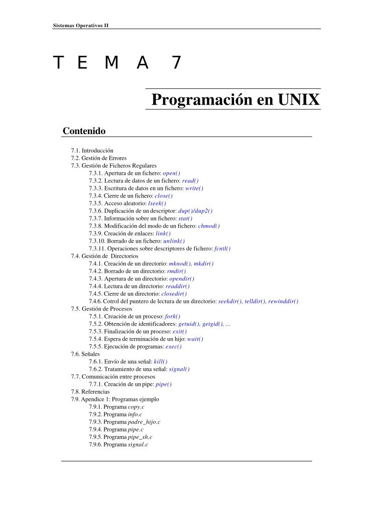Imágen de pdf Sistemas Operativos II - Tema 7 - Programación en UNIX