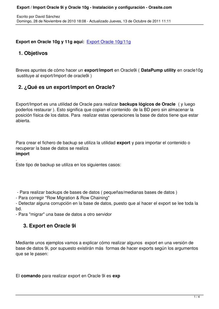 Imágen de pdf Export / Import Oracle 9i y Oracle 10g - Instalación y configuración - Orasite.com
