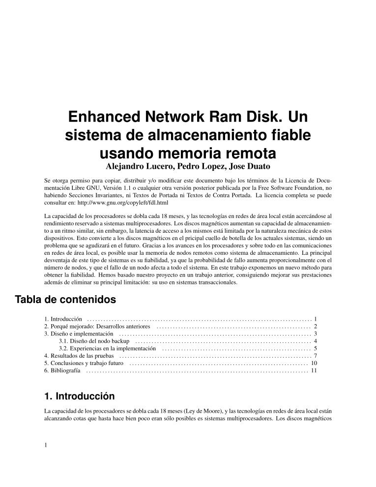 Imágen de pdf Enhanced Network Ram Disk. Un sistema de almacenamiento fiable usando memoria remota