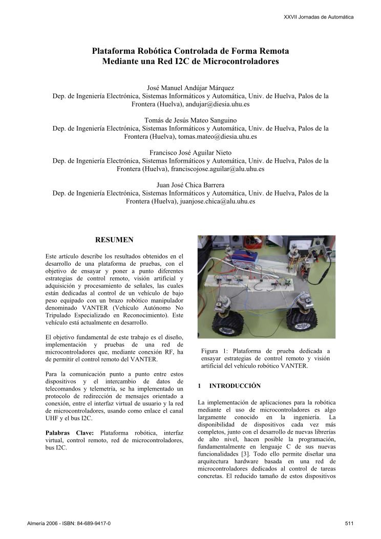 Imágen de pdf Plataforma Robótica Controlada de Forma Remota Mediante una Red I2C de Microcontroladores