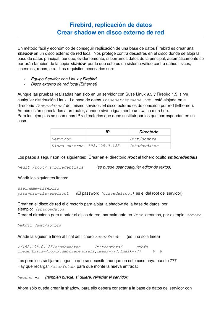 Imágen de pdf Firebird, replicación de datos - Crear shadow en disco externo de red