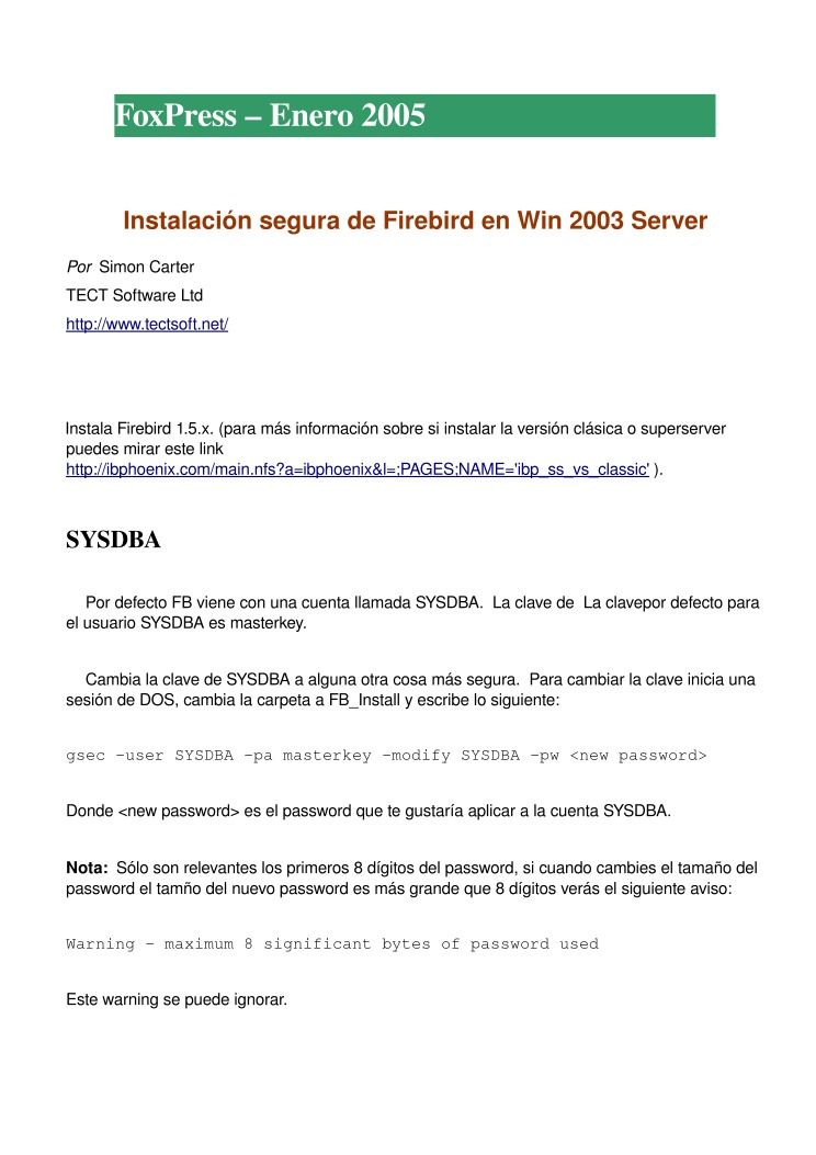 Imágen de pdf Instalación segura de Firebird en Win 2003 Server