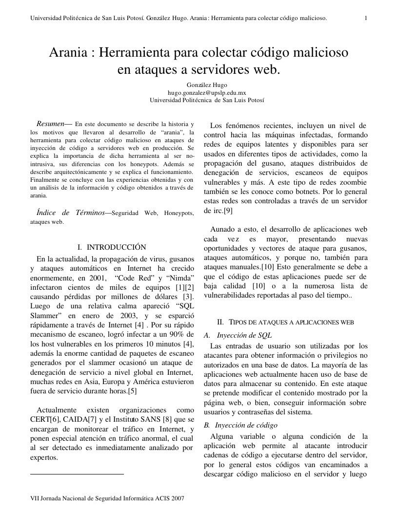 Imágen de pdf Arania: Herramienta para colectar código malicioso en ataques a servidores web