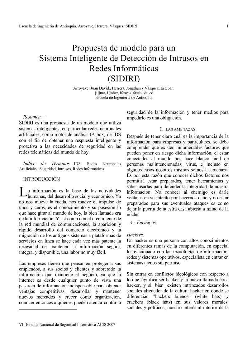 Imágen de pdf Propuesta de modelo para un Sistema Inteligente de Detección de Intrusos en Redes Informáticas (SIDIRI)