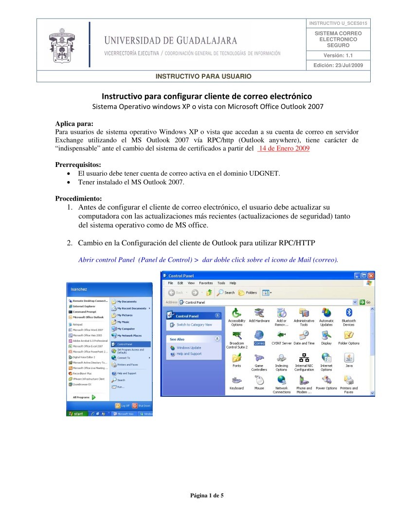 PDF de programación - Instructivo para configurar cliente de correo  electrónico Sistema Operativo windows XP o vista con Microsoft Office  Outlook 2007