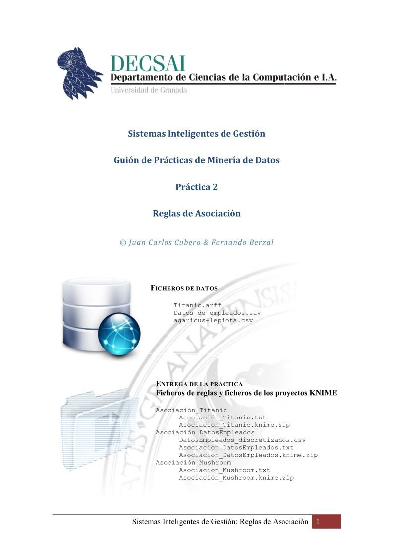 Imágen de pdf Sistemas Inteligentes de Gestión - Guión de Prácticas de Minería de Datos - Práctica 2 Reglas de Asociación