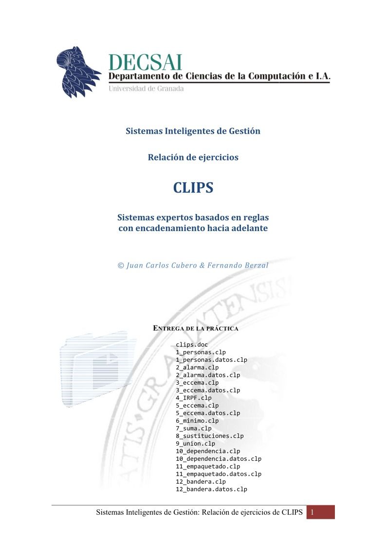 Imágen de pdf Sistemas Inteligentes de Gestión - Relación de ejercicios CLIPS