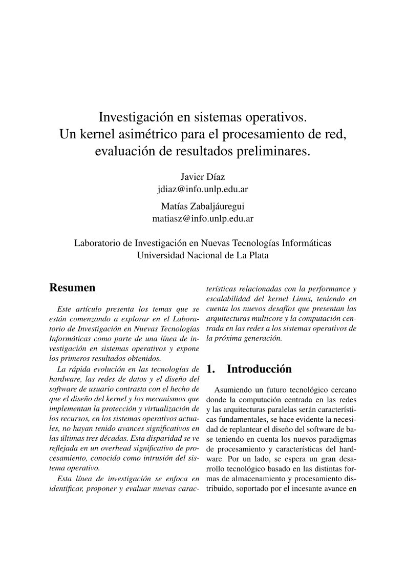 Imágen de pdf Investigación en sistemas operativos. Un kernel asimétrico para el procesamiento de red, evaluación de resultados preliminares