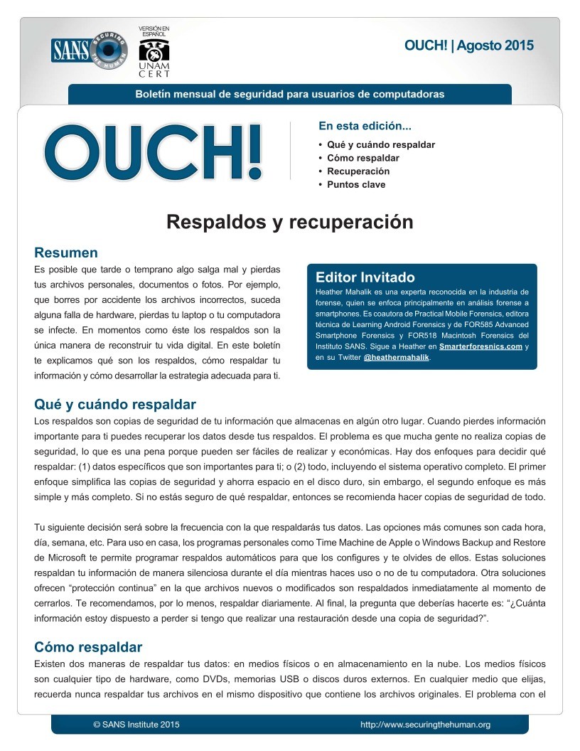 Imágen de pdf OUCH 2015 - Respaldos y recuperación