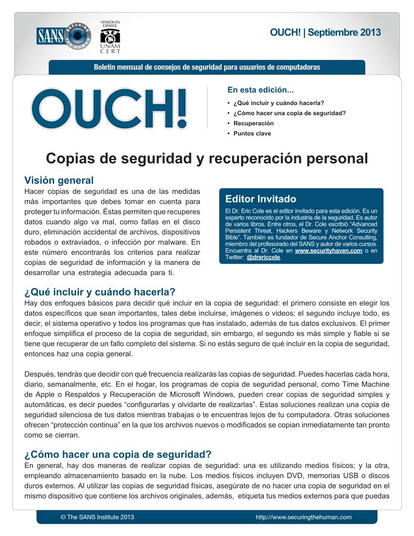 Imágen de pdf OUCH 2013 - Copias de seguridad y recuperación personal